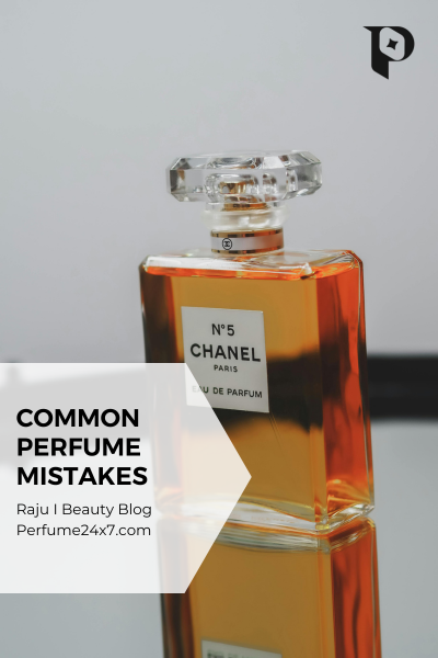 A Chanel No. 5 perfume bottle with the text "Common Perfume Mistakes" overlaid on the left