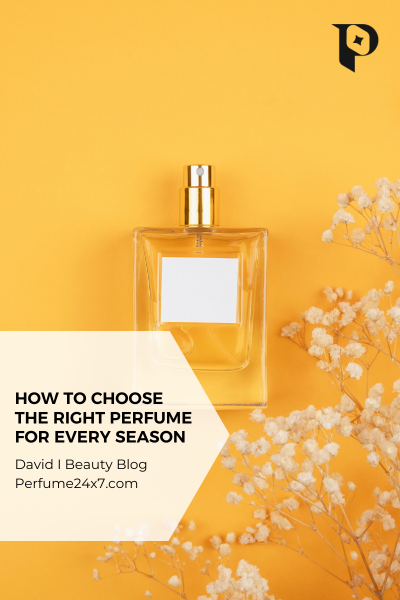 Perfume bottle on a yellow background with flowers, illustrating how to choose the right perfume for every season.