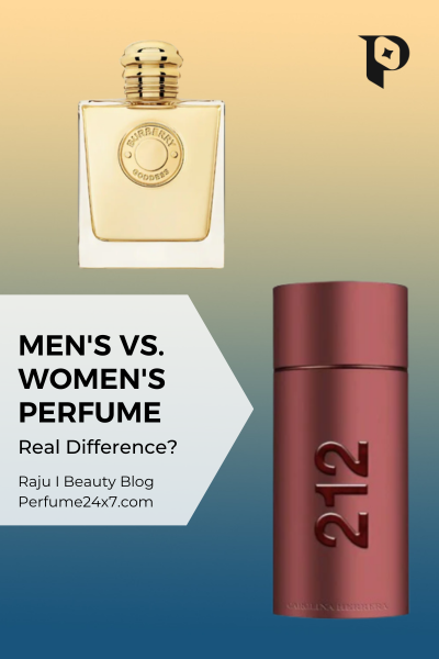 Graphic titled “Men's vs. Women's Perfume: Real Difference?” featuring a glass perfume bottle and a burgundy 212 fragrance bottle on a beige-to-blue gradient background.