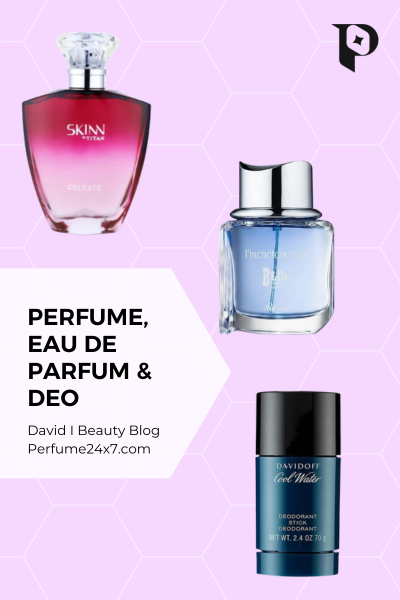 Perfume, eau de parfum and deodorant products displayed together