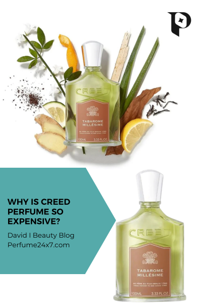 Creed Tabarome Millesime perfume bottle with citrus, ginger, and herbs, promoting why Creed perfume is expensive.