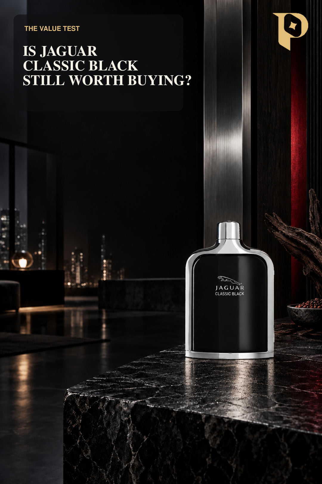 Jaguar Classic Black perfume bottle on a dark premium editorial set.