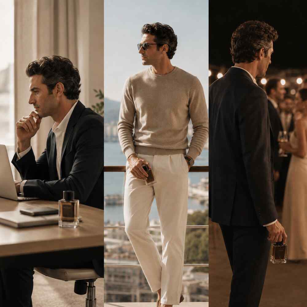 One perfume bottle shown across work, daytime and evening settings to represent versatile fragrances