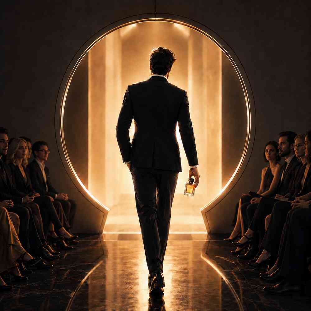 Stylish man walking through a circular spotlight, representing bold head-turning fragrances