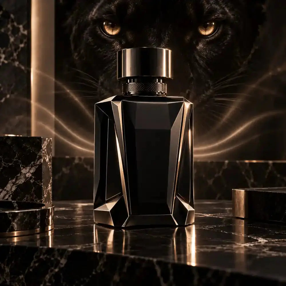Black perfume bottle framed by glowing panther eyes, representing powerful long-lasting fragrances