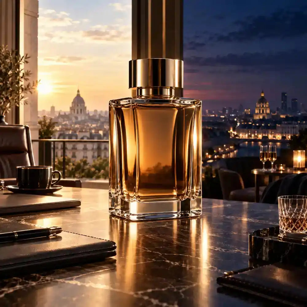 Amber perfume bottle on a desk transitioning from day to night, representing all-day fragrances