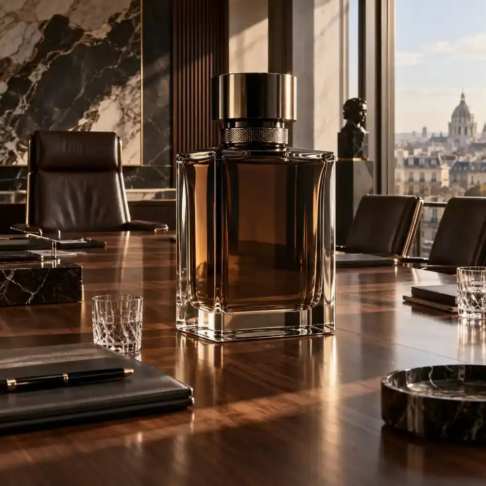Perfume bottle on an executive boardroom table, representing polished professional fragrances