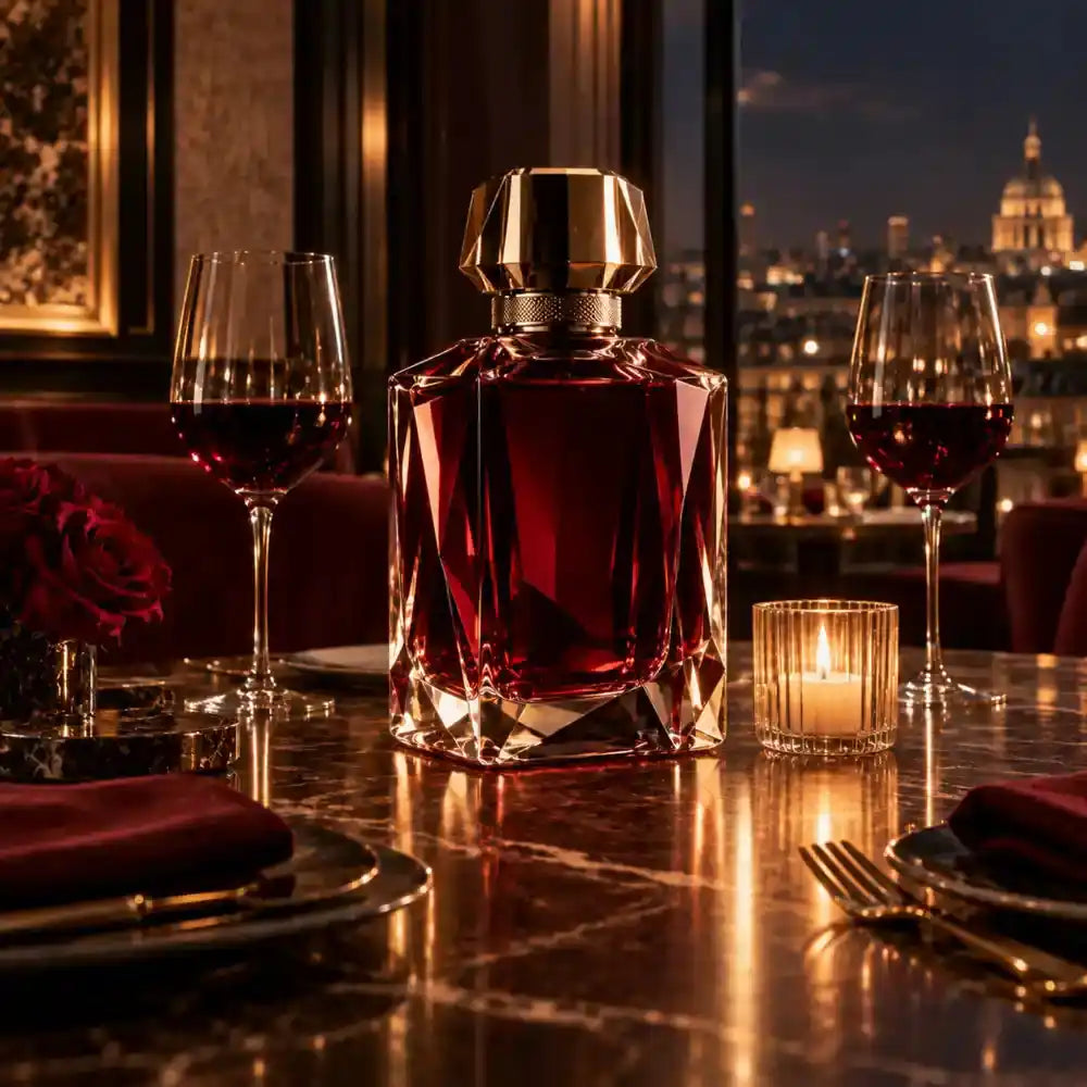 Deep red perfume bottle beside roses and wine in an elegant candlelit date-night setting