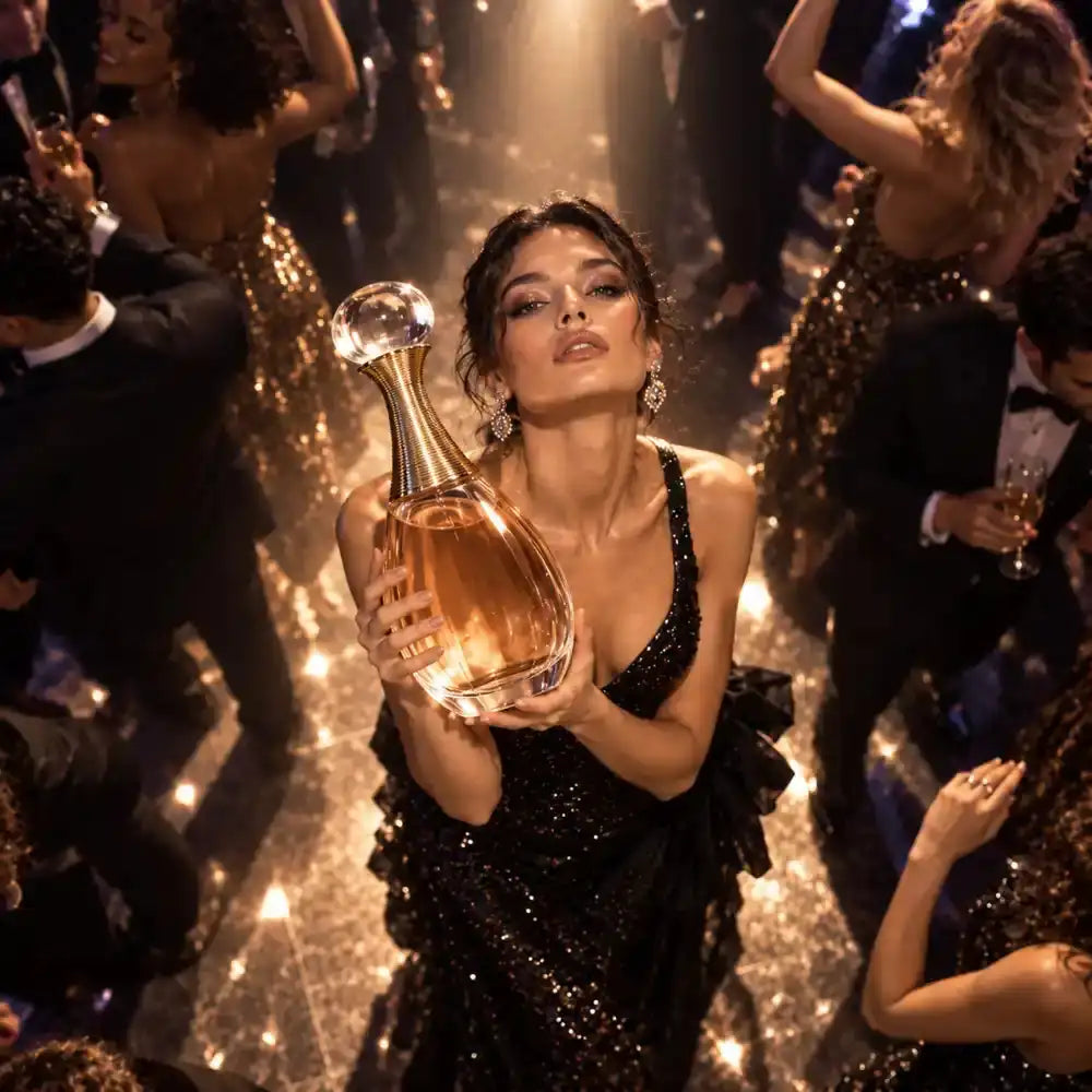 Glamorous woman in a gold-lit evening party scene, representing confident after-dark fragrances