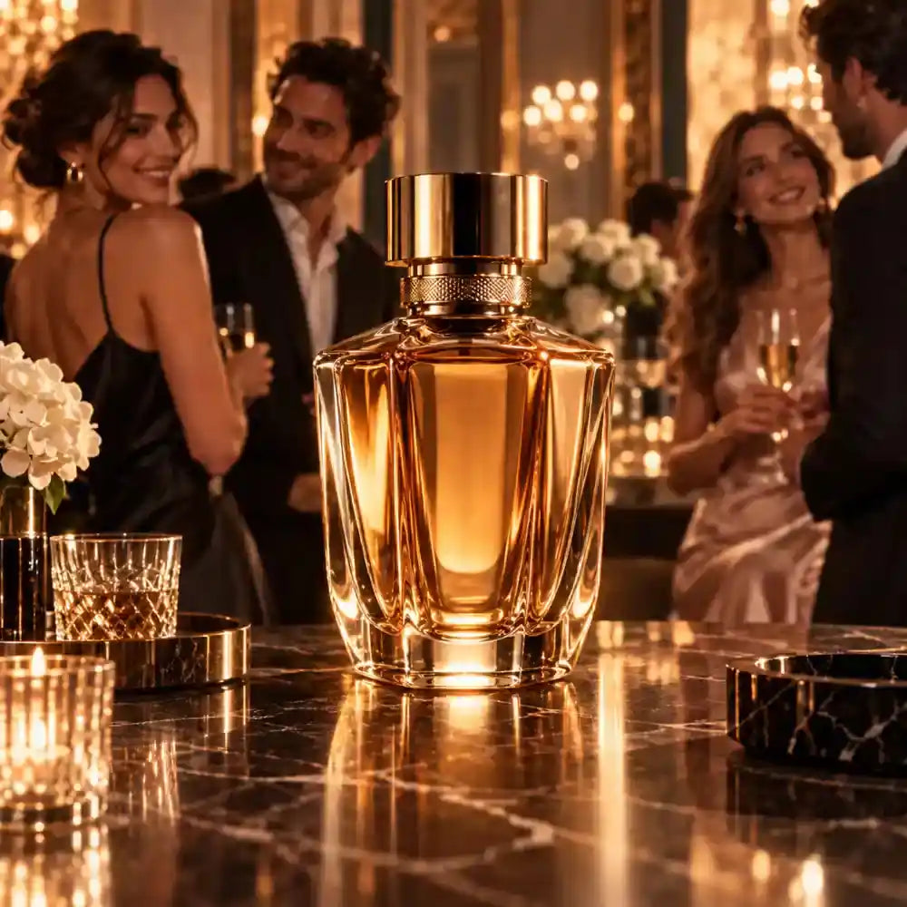 Amber perfume bottle at an elegant social gathering, representing fragrances that attract compliments