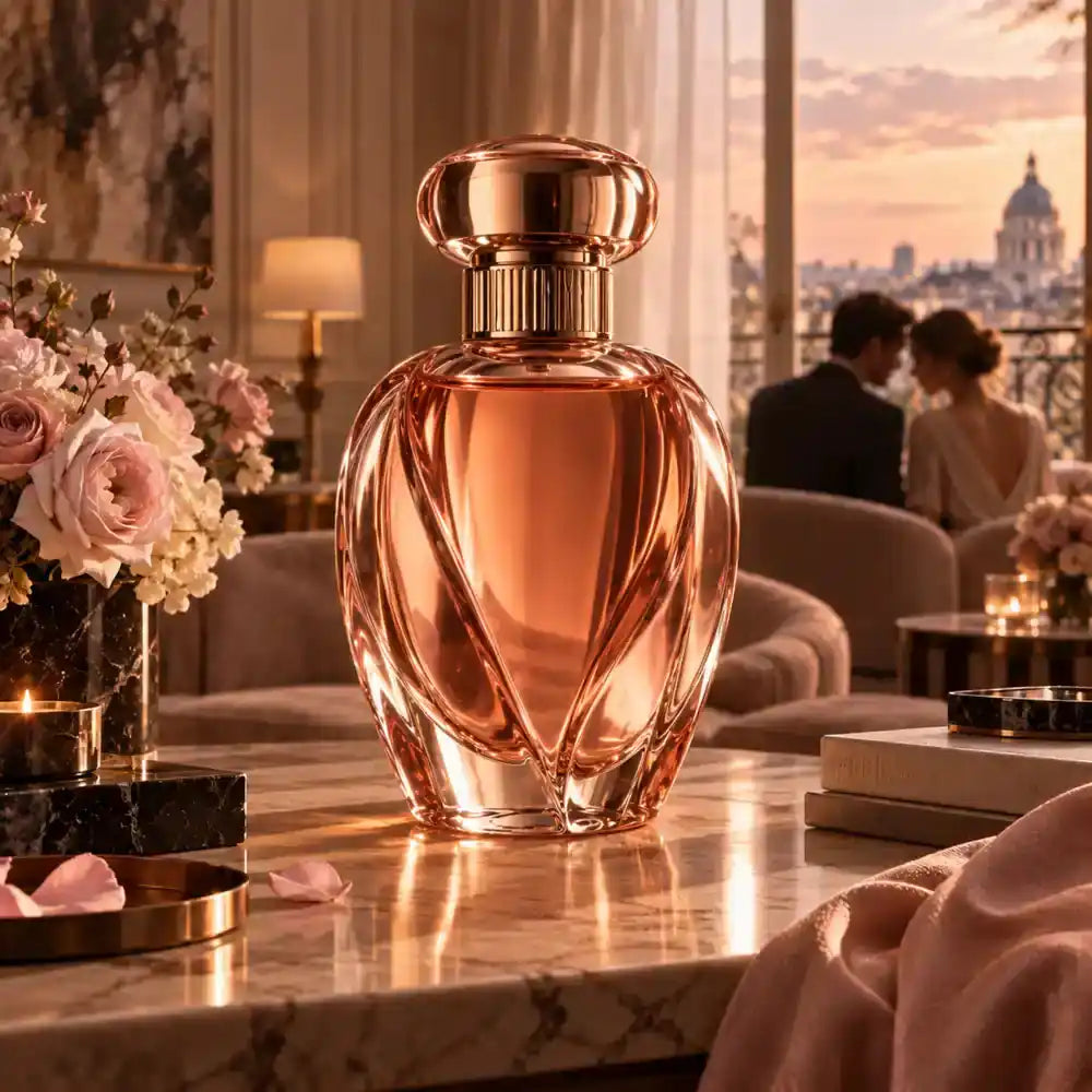Rose-gold perfume bottle with a couple sharing a close moment in a softly lit lounge