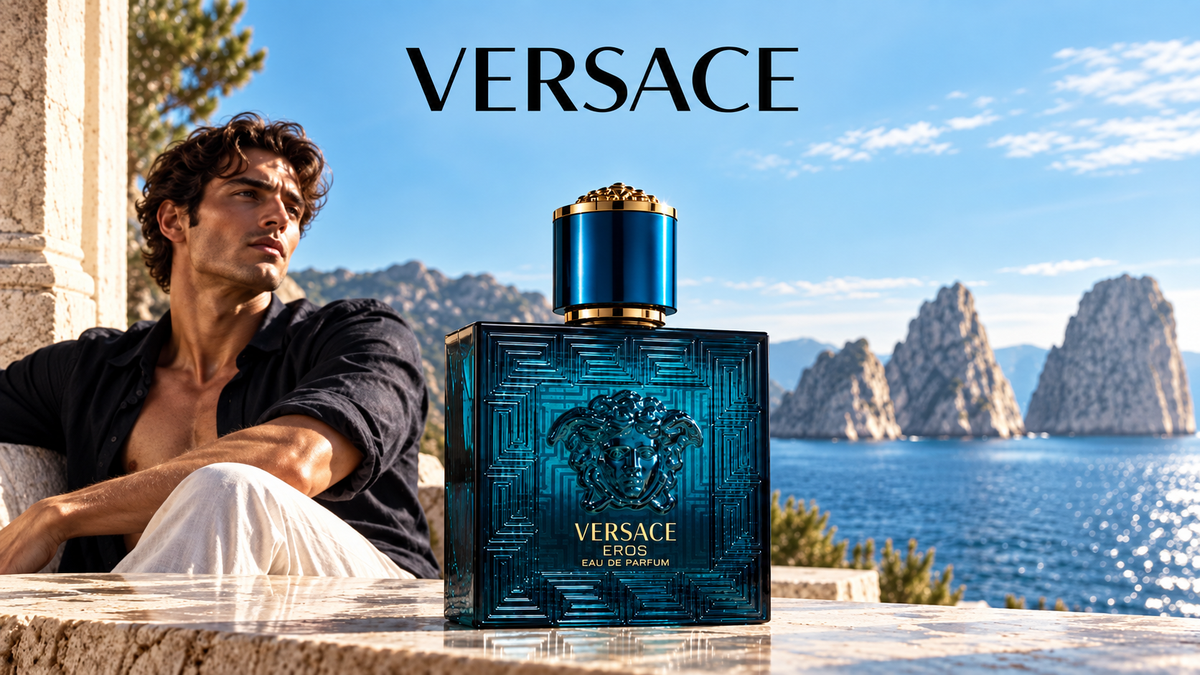 Versace Eros Eau de Parfum campaign with a male model overlooking the Mediterranean Sea