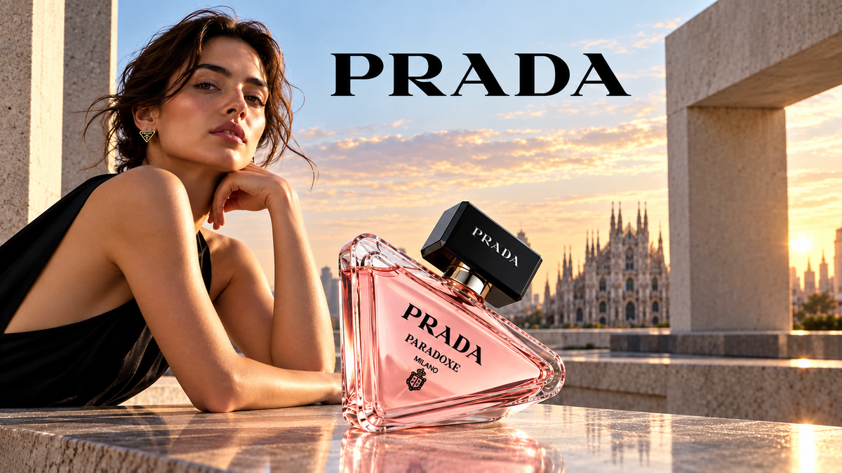 Prada Paradoxe Eau de Parfum campaign with a female model on a Milan rooftop at sunset