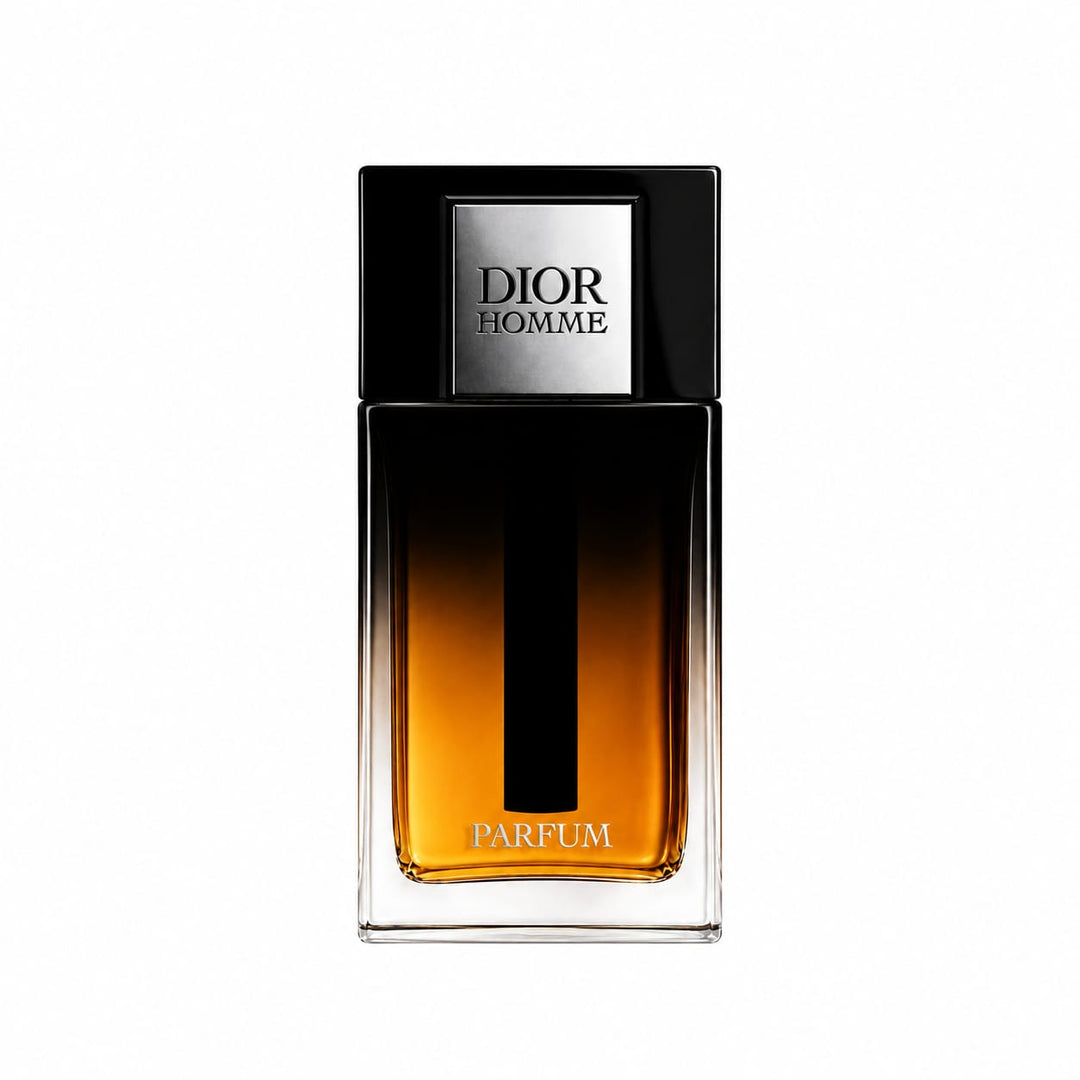 Dior Homme Parfum fragrance bottle with a black-to-amber gradient glass body, a black cap, and a silver Dior Homme label on a white background.