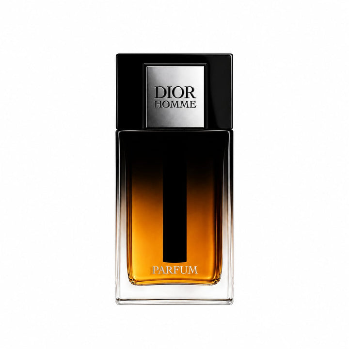 Dior Homme Parfum fragrance bottle with a black-to-amber gradient glass body, a black cap, and a silver Dior Homme label on a white background.