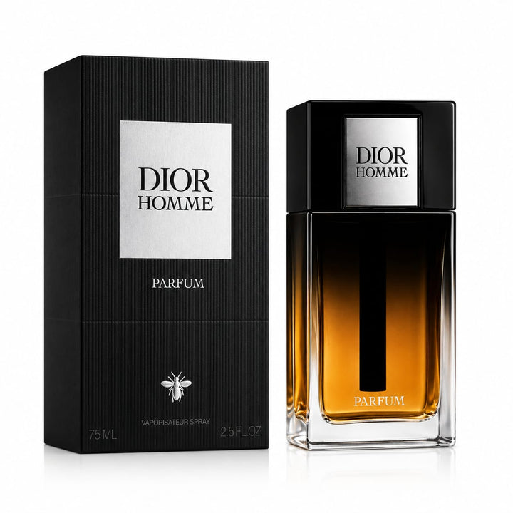 Dior Homme Parfum bottle with a black gradient amber liquid and its black packaging box on a white background.