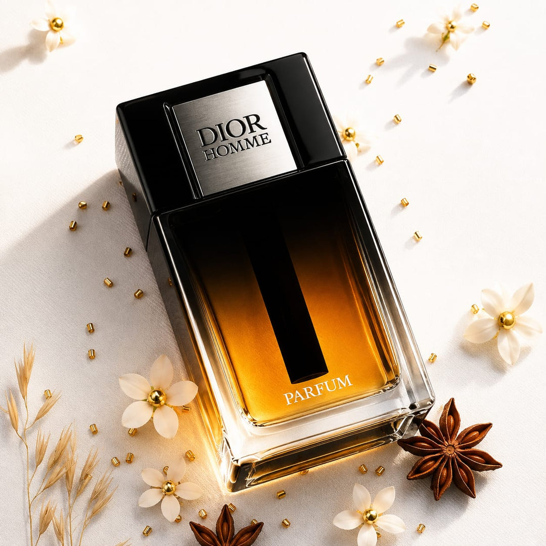 Dior Homme Parfum bottle with a black cap and amber-to-brown gradient glass, styled on a white surface with scattered gold beads, dried grass, and white flowers.